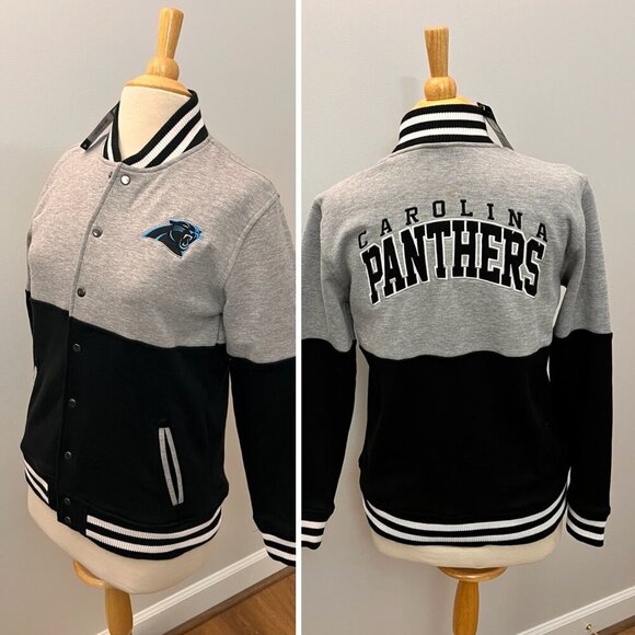 NEW Carolina Panthers NFL Team Apparel Youth Black Grey Letterman Jacket Sz L - Picture 1 of 13